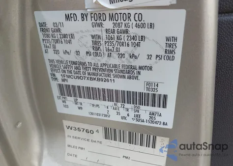 2011 Ford Escape Xlt from USA, damaged, VIN 1FMCU9D7XBKB92611